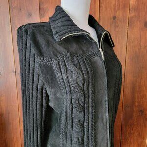 Saguaro Womens L Mixed Media Suede Knit Jacket Black Cable Knit Full Zip